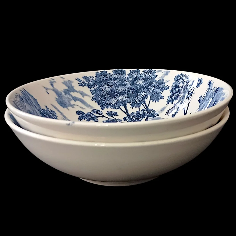 2 Holmar English Village Bowls Set Soup Cereal‎ Berry Blue White Vintage Japan